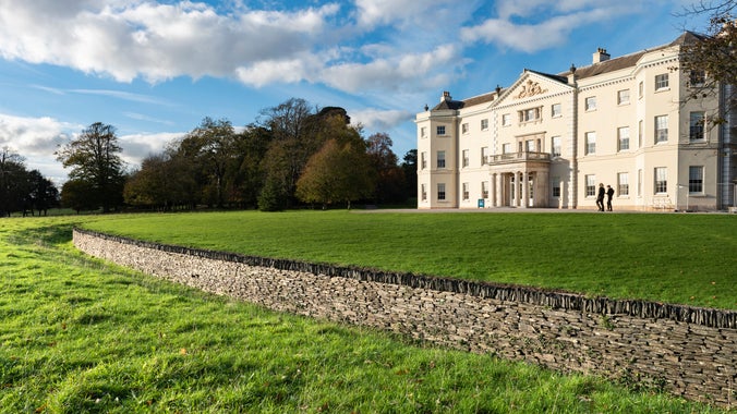 The front of Saltram's Mansion with HaHa in view in beautiful sunshine